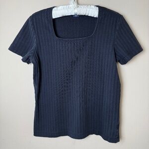 Vintage Lands End Ribbed Square Neck Tee Shirt Top Womens M Medium Black 90s